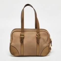 Pre Owned Prada Beige/Gold Canvas and Leather Zip Satchel