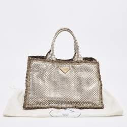 Prada Silver/Two Tone Metallic Beige Madras Leather Tote