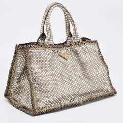 Prada Silver/Two Tone Metallic Beige Madras Leather Tote