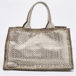 Prada Silver/Two Tone Metallic Beige Madras Leather Tote