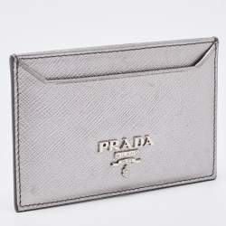 Pre Owned Prada Metallic Silver Saffiano Leather Card Holder