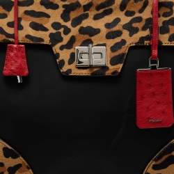 Pre Owned Prada Multicolor Nylon,Calfhair and Ostrich Trim Top Handle Bag