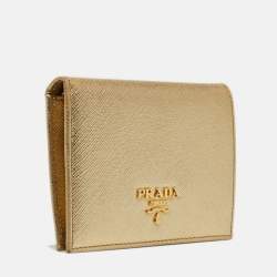 Prada Gold Saffiano Metal Leather Logo Bifold Wallet