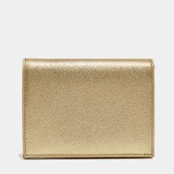 Prada Gold Saffiano Metal Leather Logo Bifold Wallet