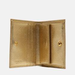 Prada Gold Saffiano Metal Leather Logo Bifold Wallet