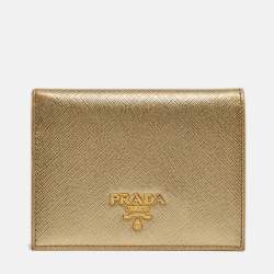 Prada Gold Saffiano Metal Leather Logo Bifold Wallet