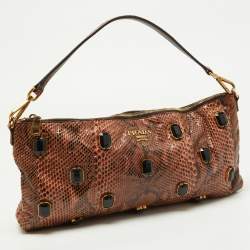 Pre Owned Prada Brown Python Jewel Embellished Shoulder Bag