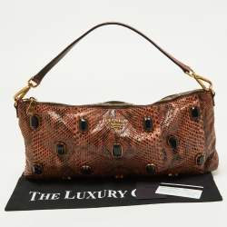 Pre Owned Prada Brown Python Jewel Embellished Shoulder Bag