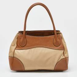 Prada Beige/Brown Leather and Nylon Logo Satchel