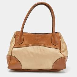 Prada Beige/Brown Leather and Nylon Logo Satchel