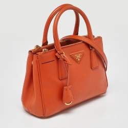 Pre Owned Prada Orange Saffiano Lux Leather Small Galleria Double Zip Tote