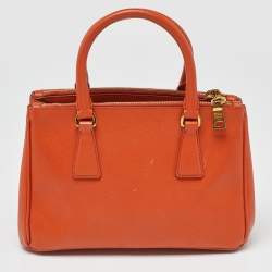 Pre Owned Prada Orange Saffiano Lux Leather Small Galleria Double Zip Tote