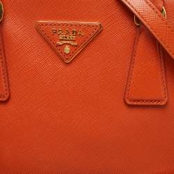 Pre Owned Prada Orange Saffiano Lux Leather Small Galleria Double Zip Tote