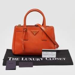 Pre Owned Prada Orange Saffiano Lux Leather Small Galleria Double Zip Tote