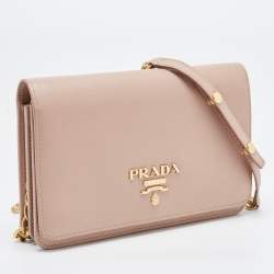 Pre Owned Prada Beige Saffiano Leather Wallet on Chain