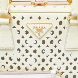 Pre Owned Prada Yellow Saffiano Patent Leather Pyramid Frame Satchel