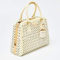 Pre Owned Prada Yellow Saffiano Patent Leather Pyramid Frame Satchel