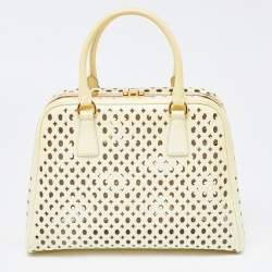Pre Owned Prada Yellow Saffiano Patent Leather Pyramid Frame Satchel