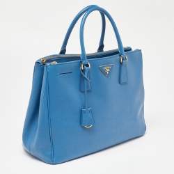 Pre Owned Prada Blue Saffiano Lux Leather Large Galleria Double Zip Tote