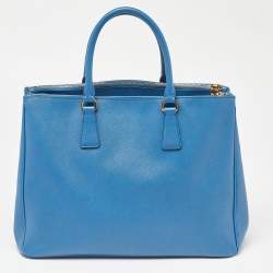 Pre Owned Prada Blue Saffiano Lux Leather Large Galleria Double Zip Tote