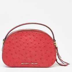 Pre Owned Prada Red Ostrich Bandoliera Odette Top Handle Bag