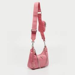 Pre Owned Prada Light Pink Nylon and Leather Re-Edition 2005 Baguette Bag