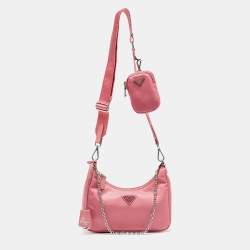 Pre Owned Prada Light Pink Nylon and Leather Re-Edition 2005 Baguette Bag