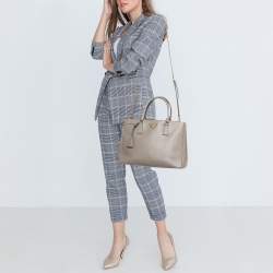 Pre Owned Prada Grey Saffiano Lux Leather Medium Galleria Double Zip Tote