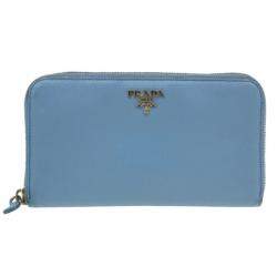Pre Owned Prada Light Blue Saffiano Metal Oro Side-Zip Wallet