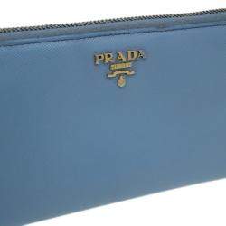 Pre Owned Prada Light Blue Saffiano Metal Oro Side-Zip Wallet