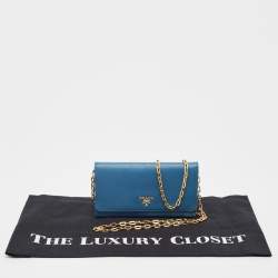 Pre Owned Prada Blue Saffiano Leather Wallet on Chain