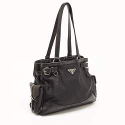 Pre Owned Prada Black Nylon and Leather Buckle Tote