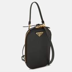 Pre Owned Prada Black Saffiano Lux Leather Logo Phone Crossbody Bag