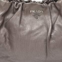 Prada Metallic Grey Pleated Leather Hobo
