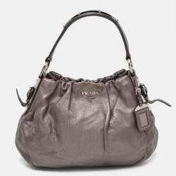Prada Metallic Grey Pleated Leather Hobo