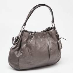 Prada Metallic Grey Pleated Leather Hobo