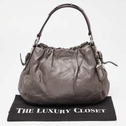 Prada Metallic Grey Pleated Leather Hobo