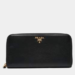 Prada Black Vitello Diano Leather Zip Around Continental Wallet