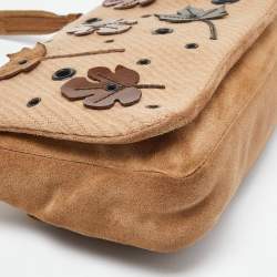 Pre Owned Prada Brown Suede,Wool and Mesh Flap Shoulder Bag