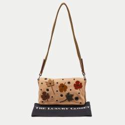 Pre Owned Prada Brown Suede,Wool and Mesh Flap Shoulder Bag