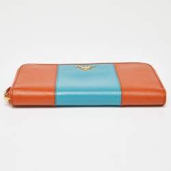 Prada Orange/Blue Saffiano Metal Zip Around Wallet