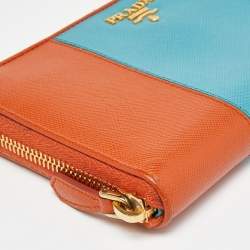 Prada Orange/Blue Saffiano Metal Zip Around Wallet