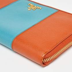 Prada Orange/Blue Saffiano Metal Zip Around Wallet