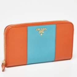 Prada Orange/Blue Saffiano Metal Zip Around Wallet