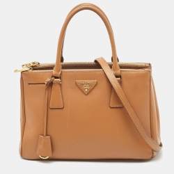 Pre Owned Prada Brown Saffiano Lux Leather Small Double Zip Tote