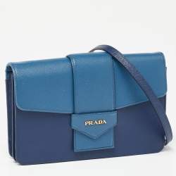 Prada Two Tone Blue Saffiano Leather Flap Crossbody Bag