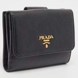 Pre Owned Prada Black Saffiano Metal Leather Logo Compact Wallet