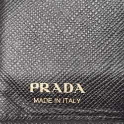Pre Owned Prada Black Saffiano Metal Leather Logo Compact Wallet
