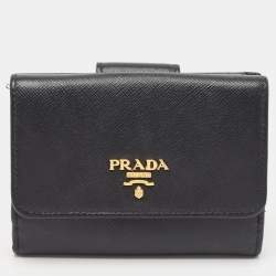 Pre Owned Prada Black Saffiano Metal Leather Logo Compact Wallet