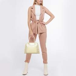 Pre Owned Prada Light Yellow Saffiano Lux Patent Leather Studded Pyramid Frame Satchel